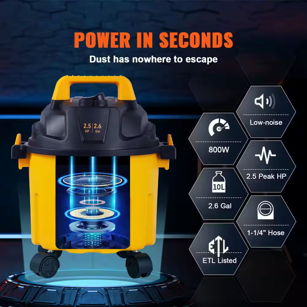 Wet Dry Vac, 2.6 Gal., 2.5 Peak HP, 3 in 1 Portable Shop Vacuum with Blowing Function, Attachments Storage, Perfect