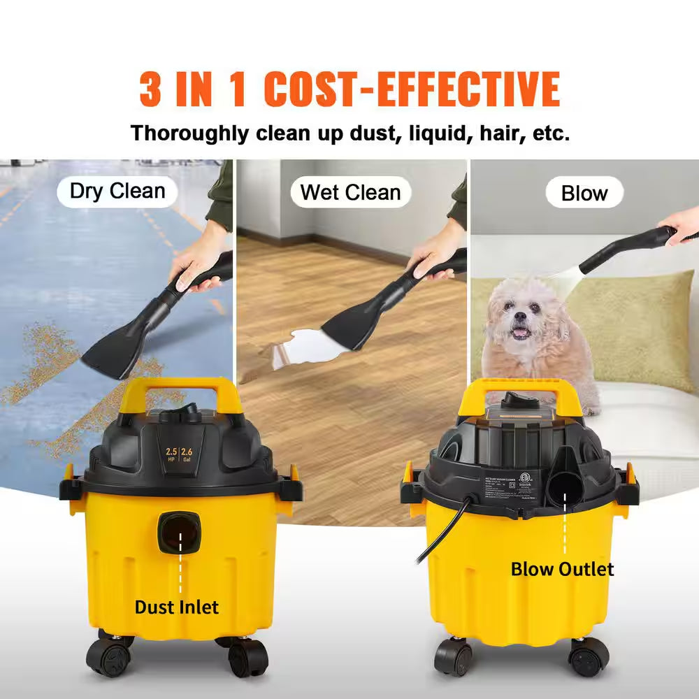 Wet Dry Vac, 2.6 Gal., 2.5 Peak HP, 3 in 1 Portable Shop Vacuum with Blowing Function, Attachments Storage, Perfect