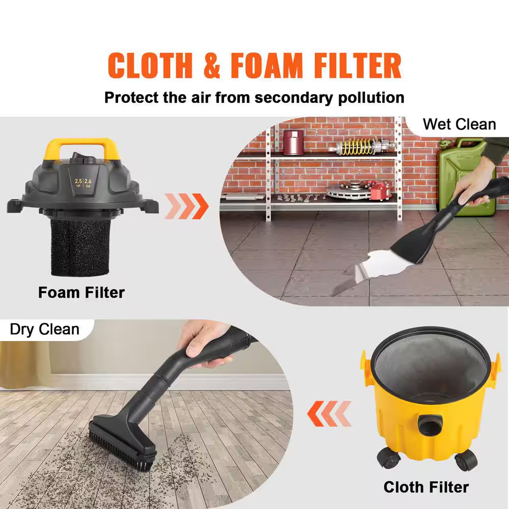 Wet Dry Vac, 2.6 Gal., 2.5 Peak HP, 3 in 1 Portable Shop Vacuum with Blowing Function, Attachments Storage, Perfect