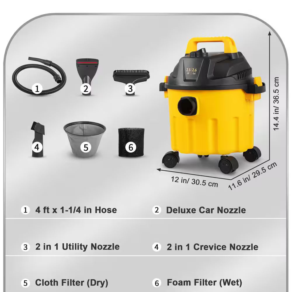 Wet Dry Vac, 2.6 Gal., 2.5 Peak HP, 3 in 1 Portable Shop Vacuum with Blowing Function, Attachments Storage, Perfect